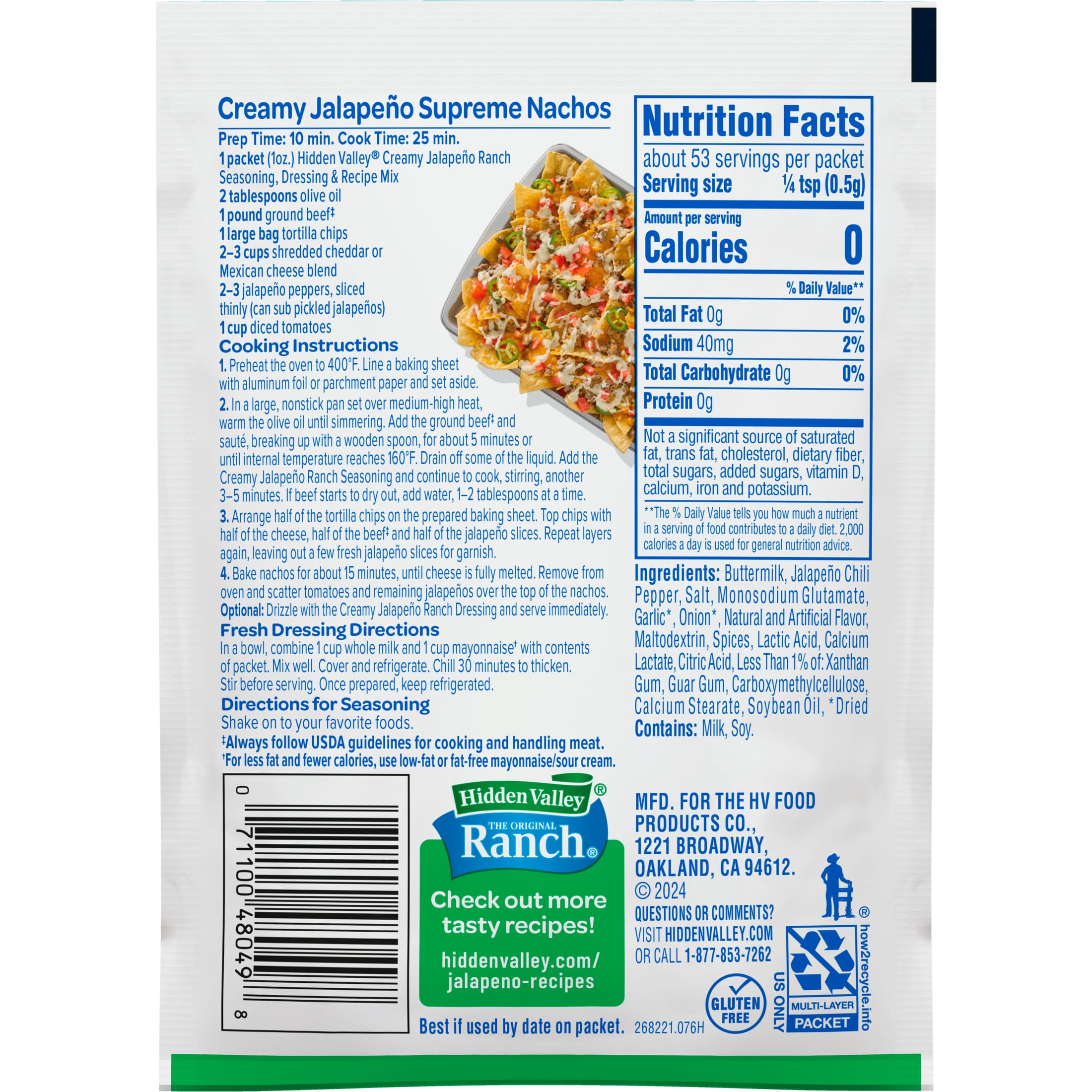 Hidden Valley Creamy Jalapeno Ranch Seasoning Dressing & Recipe Mix, 1 oz Packet