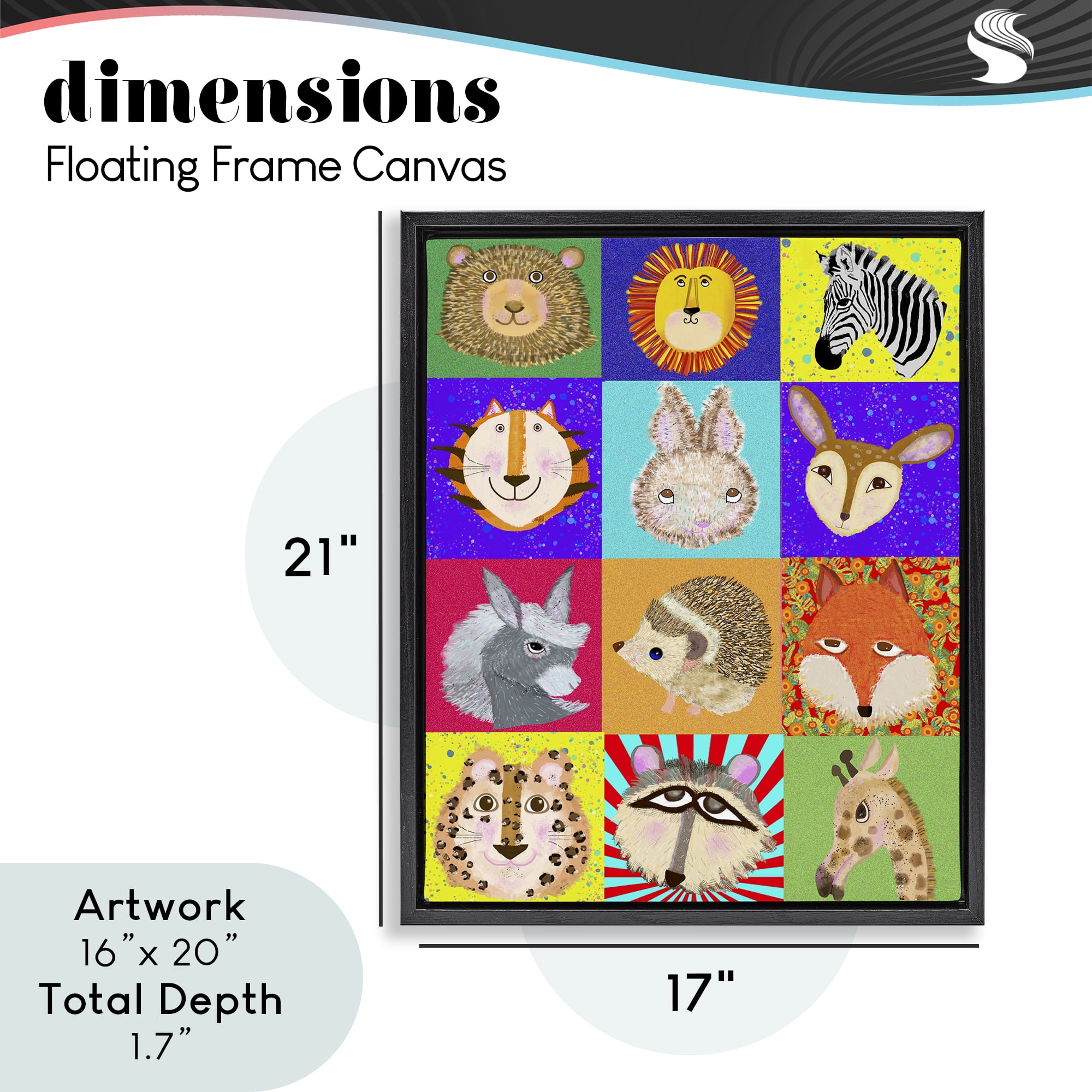 Furry Faces Animals Black Framed Floater Canvas Wall Art, design by Lynnda Rakos