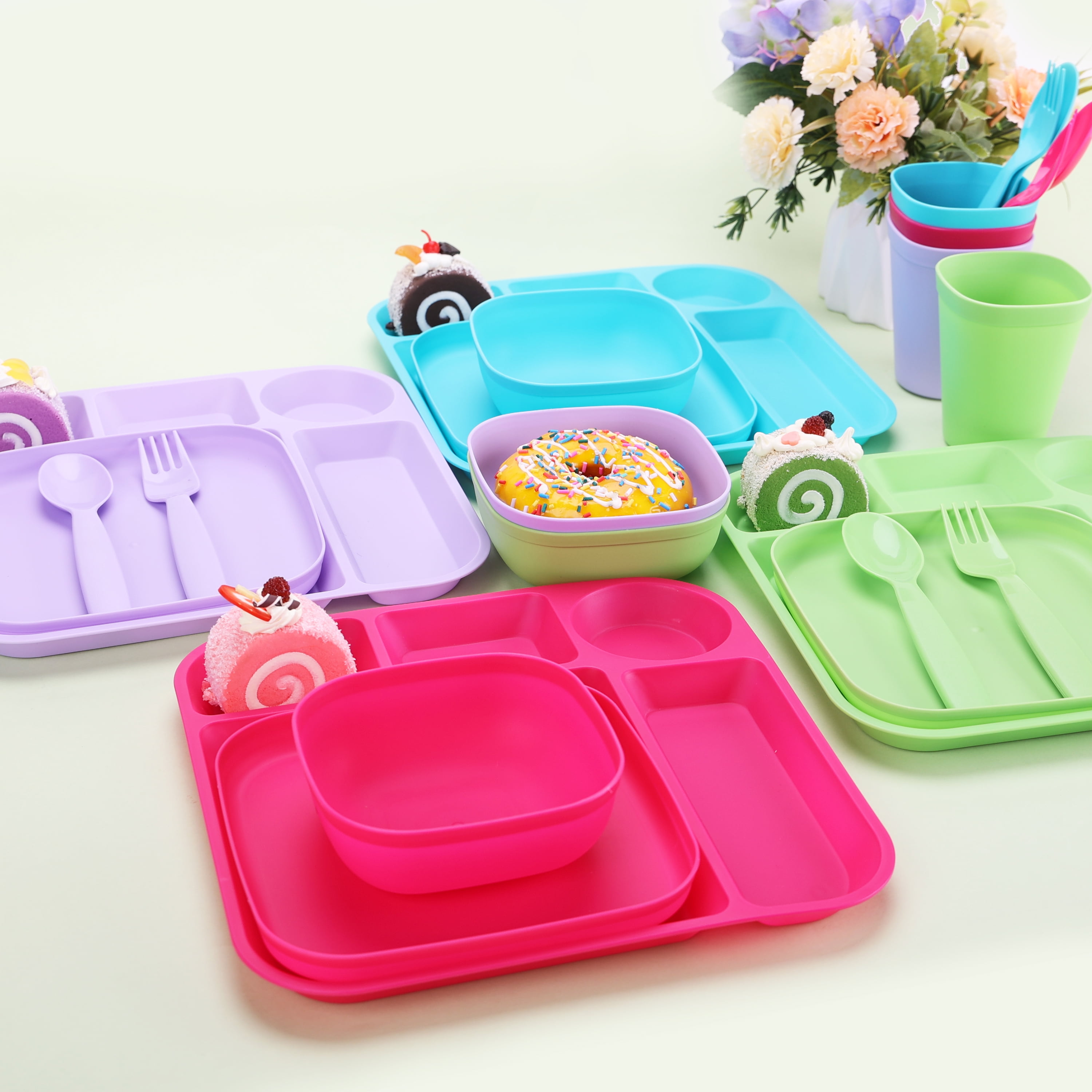 (4 pack) Your Zone Kids Dinnerware Set, 24-Piece Plastic Plates, Bowls, Cups & Utensils, Pink Assorted
