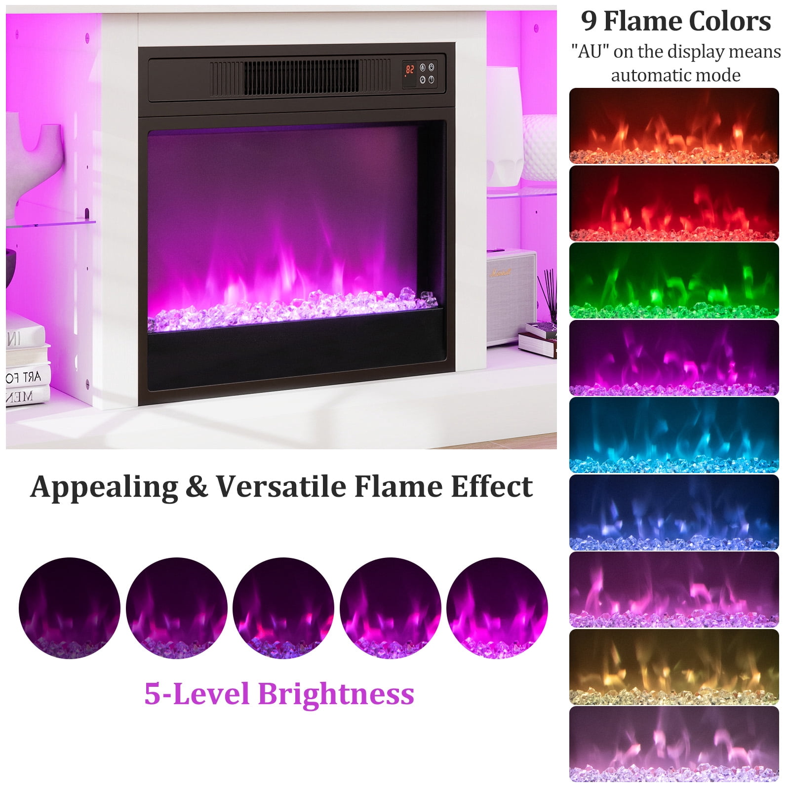 Costway TV Stand with Electric Fireplace LED Lights Remote Controls Storage Cabinets for TVs Up to 55 Inches White