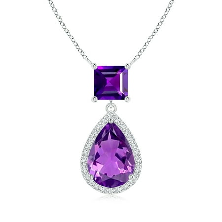 10x7mm Pear Pendant (Mother's Day Jewelry - Square and Pear Amethyst Pendant with Diamond Halo in 14K White Gold (10x7mm Amethyst) -)