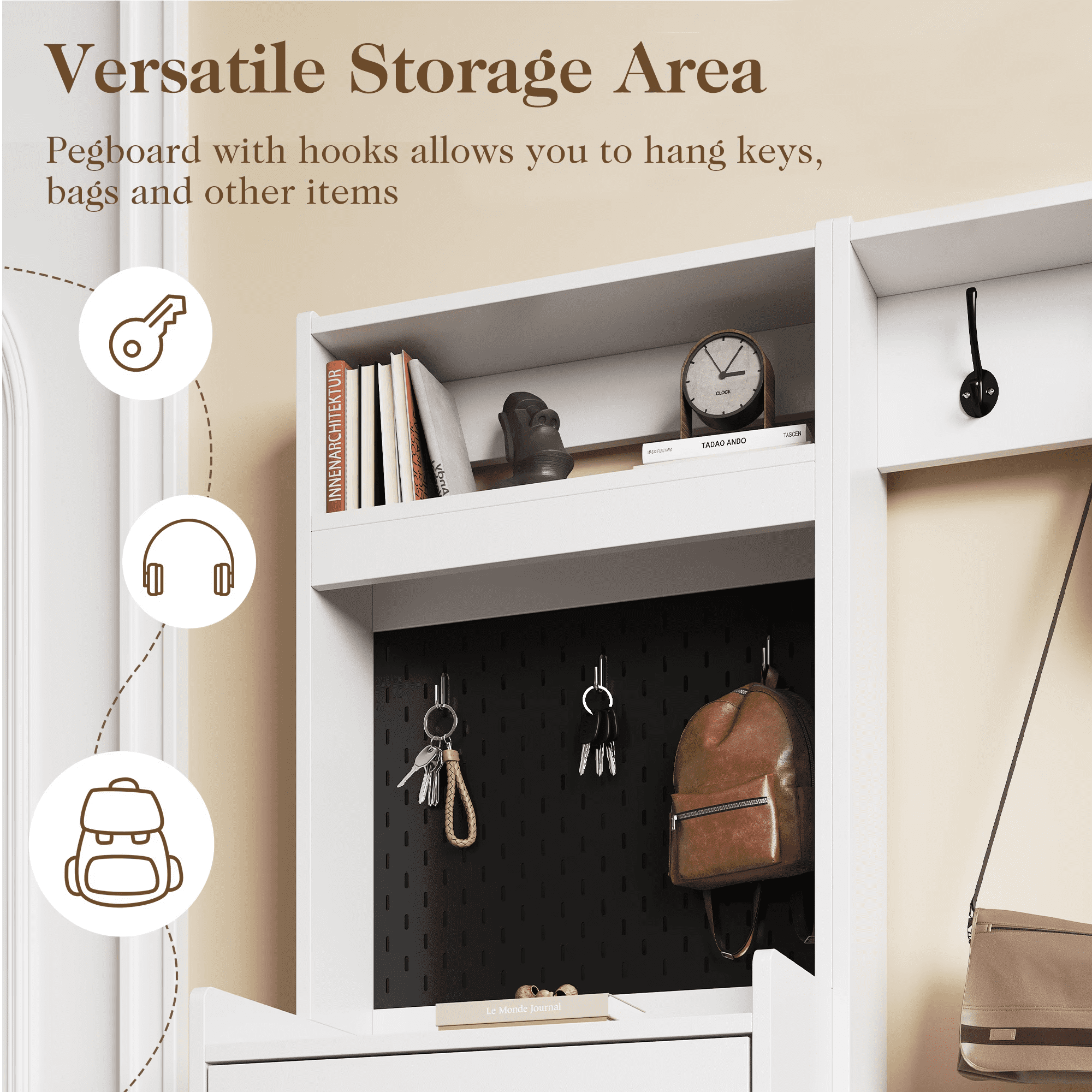 5-in-1 Entryway Shoe Cabinet with Flip Drawer & Pegboard, Wood Shoe Storage Organizer with Adjustable Shelves, Anti-Tip Hall Tree for Foyer Bedroom Utility Room