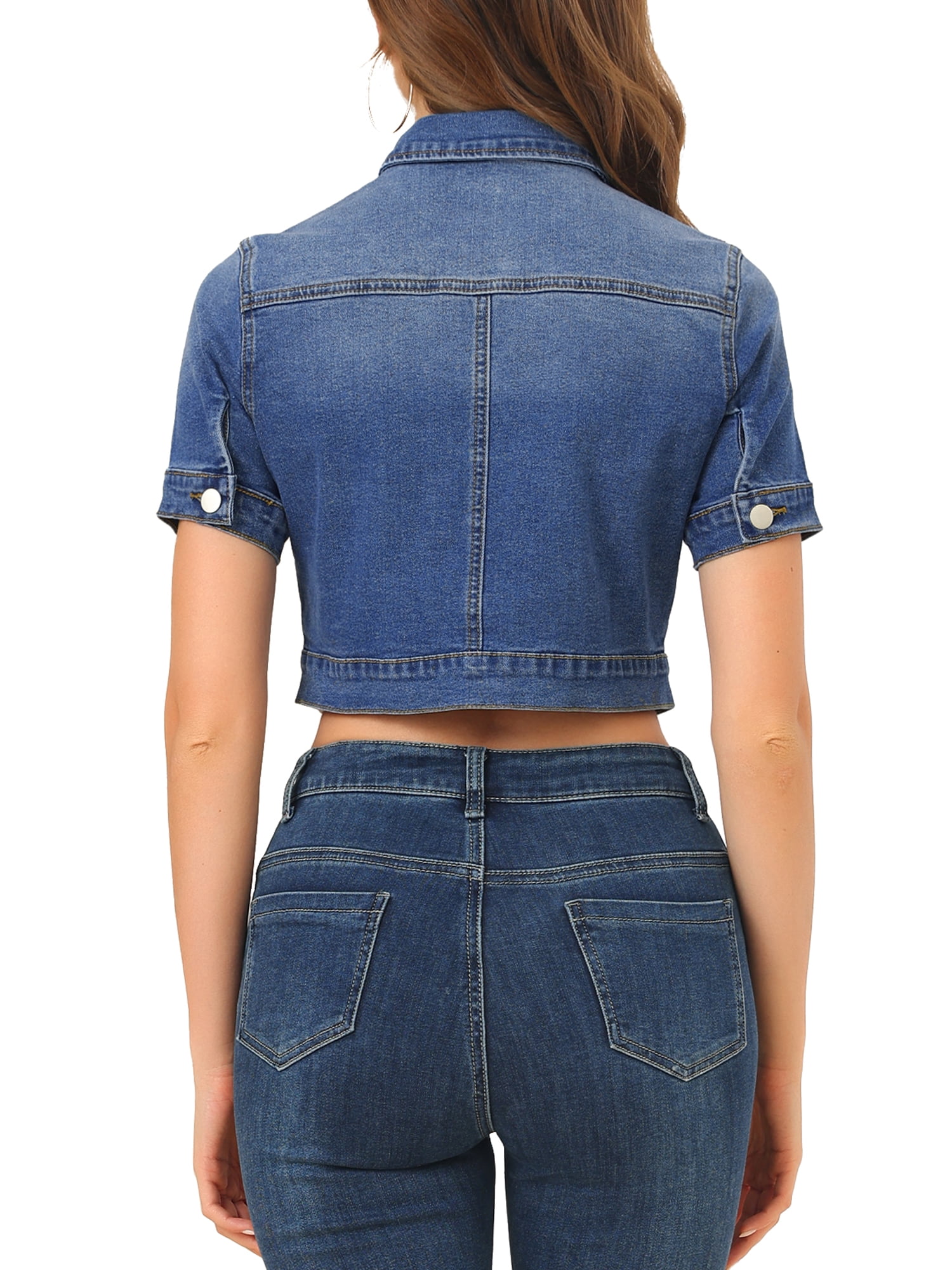 DARING DIVA Women's Short Sleeves Crop Button Down Denim Jacket M Blue