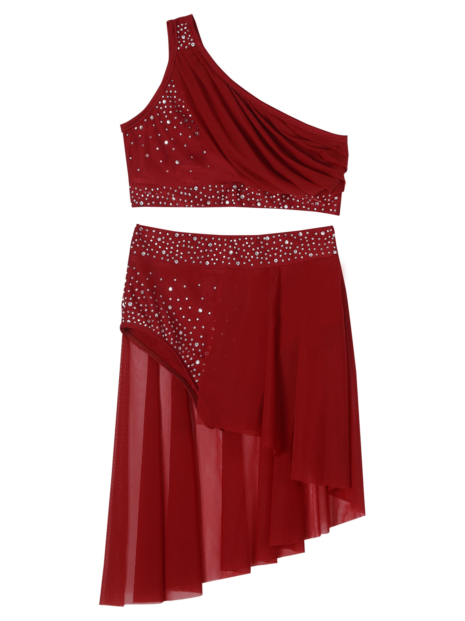 TSSOE Kids Girls 2 Pieces Lyrical Dance Dress Crop Top with Tutu Skirt Ballet Figure Skating Dress Burgundy 6