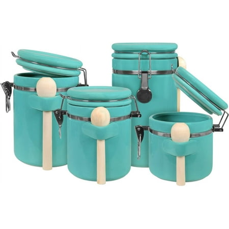 4Piece Canister Set for Kitchen Counter - Ceramic Airtight Food Storage Containers Kitchen Canisters with 4 Wooden Spoons Kitchen Canister Set of 4-45 Oz 40 Oz 33 Oz 25 Oz Turquoise