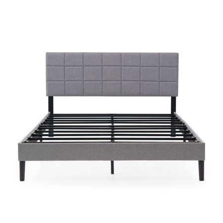 MAINSTAYS GRAY UPHOLSTERED SQUARE TUFTED PLATFORM BED, NO BOX SPRING NEEDED, QUEEN