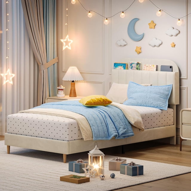 Velvet forrado tamaño individual marco de cama con almacenamiento cabecero - noise-free, fácil montaje - perfect para para niños & girls - strong de madera slats