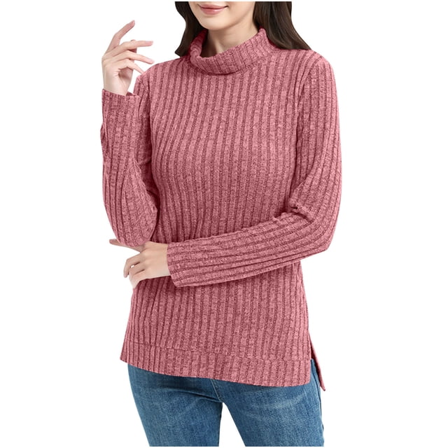 Lenpel Women's Turtleneck Sweaters Lightweight Long Sleeve Side Split High Low Hem Ribbed Knit Pullover Sweaters Soft Tunic Tops(Purple,Small)