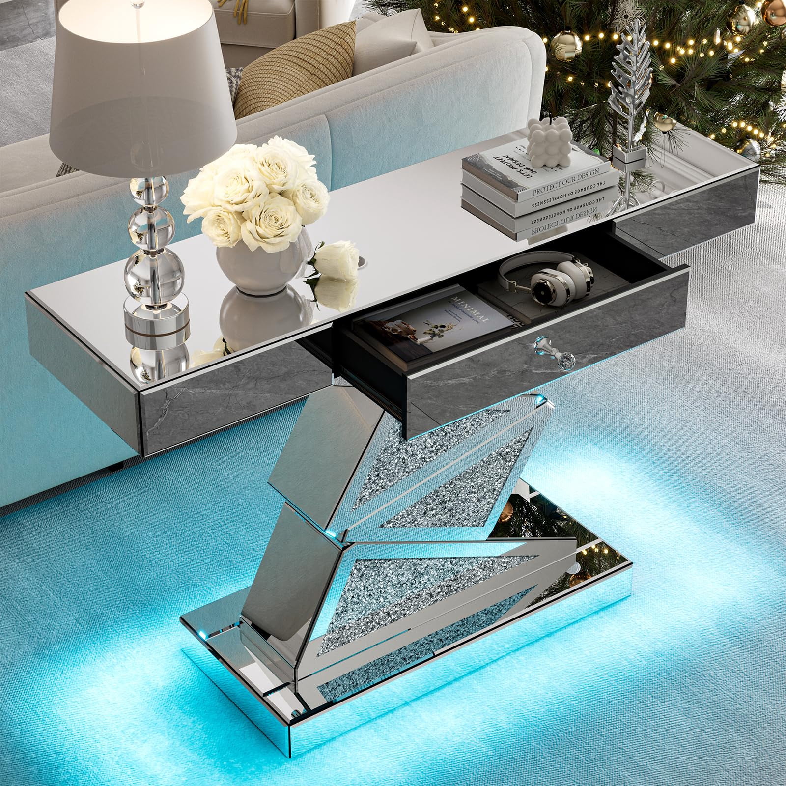 ARICOEASY Modern Mirrored Console Table with Large Drawer for Living Room, Hallway, Foyer, Entrance