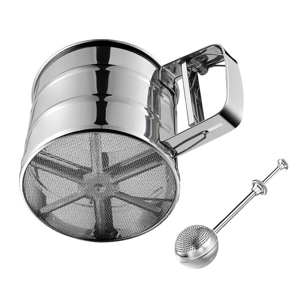 Paquete de 2 tamices de harina, tamiz de acero inoxidable para hornear, tamiz de malla fina de doble capa, tamiz de manivela con una sola mano para coctelera de azúcar en polvo, tamiz de harina para