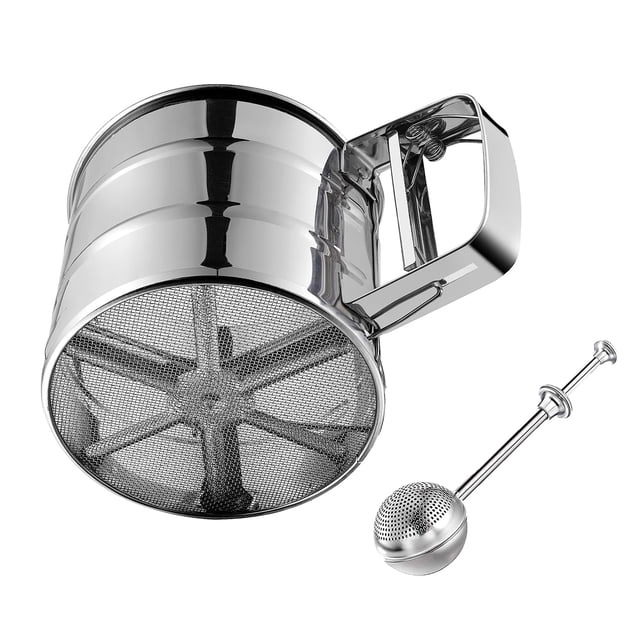Paquete de 2 tamices de harina, tamiz de acero inoxidable para hornear, tamiz de malla fina de doble capa, tamiz de manivela con una sola mano para coctelera de azúcar en polvo, tamiz de harina para