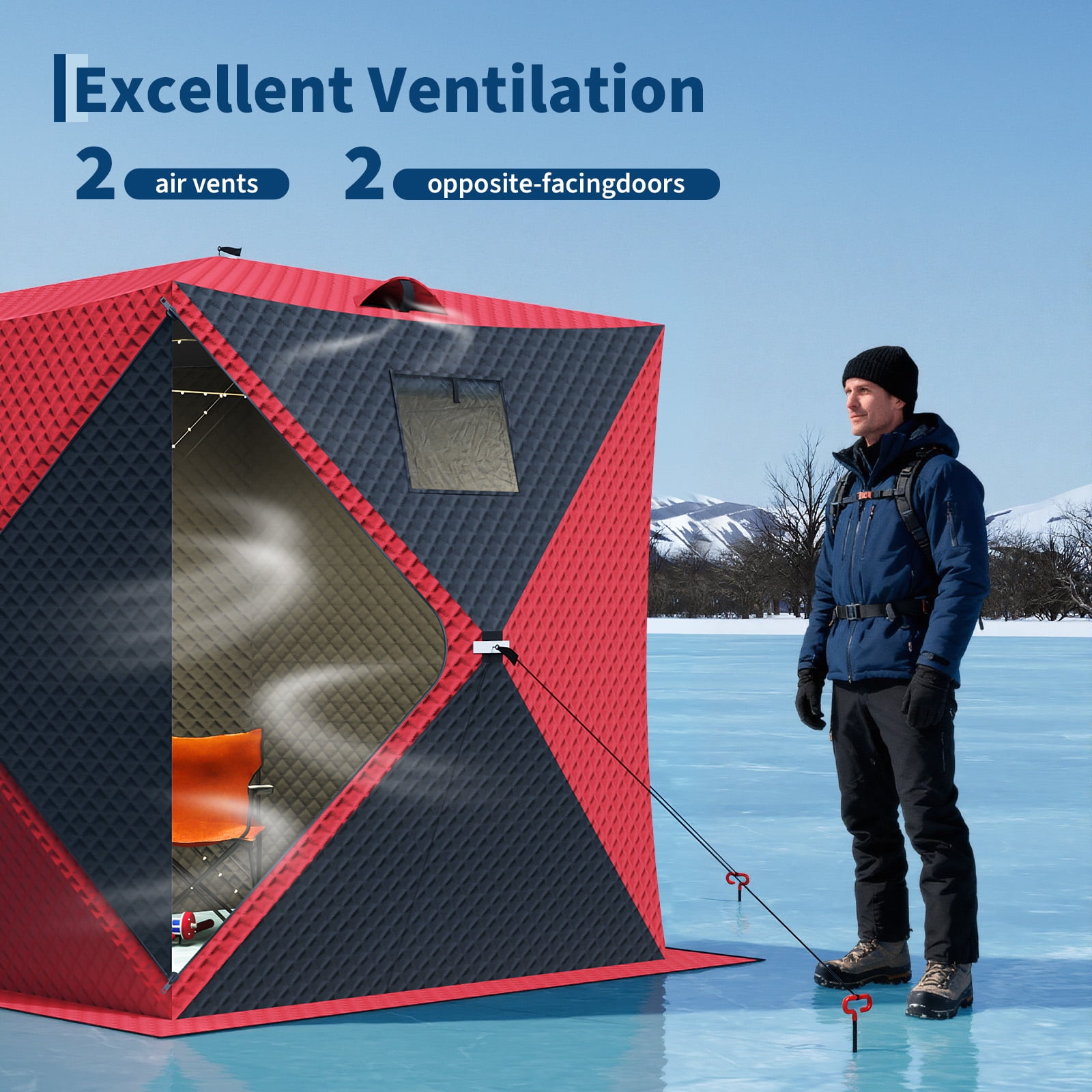 COZONY 60*60*76.2"Ice Fishing Tent w/ 15m LED Light Strip,battery box,Windproof Hub Design & Spacious Fishable Area