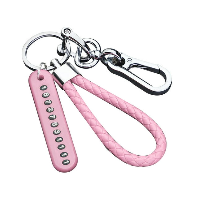 Car Key Keyring Anti-lost Car Phone Number Steel car phone number Buckle Keychain with Braided Rope, Pink Rope, Silver Buckle