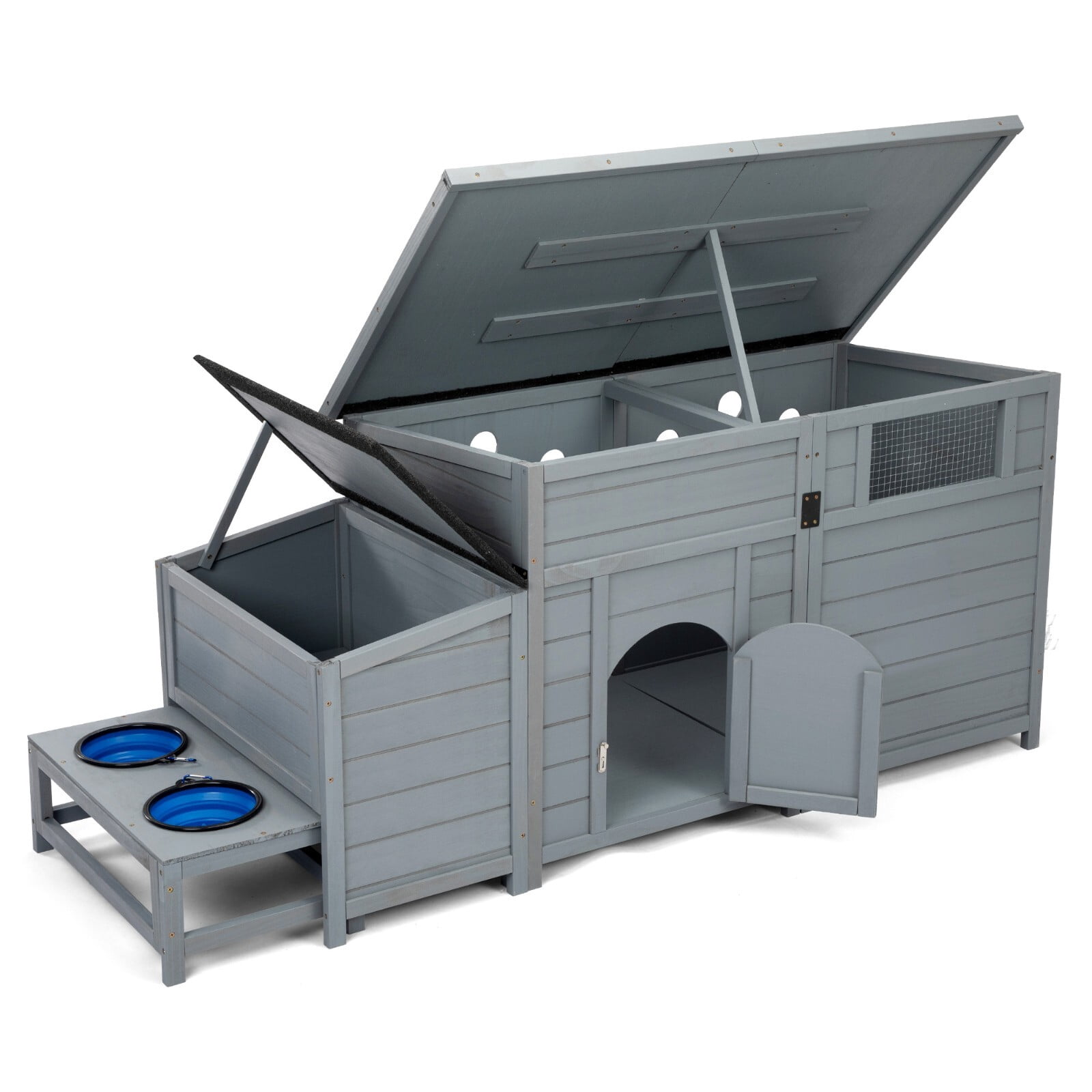 Anwickjeff Dog House Wooden Outdoor Dog Kennel with Food Bowls and an Open Roof