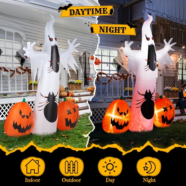 11.8FT Giant Halloween Inflatable, Ghost & Pumpkin Design, LED Lights, Waterproof Polyester, Stakes/Ropes Included for Yard/Party Decoration