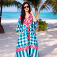 thumbnail image 4 of Miss Lavish London Women’s Floral Ethnic Polyester Kaftan Dress with V Neck & Side Slits- Teal, XL, 4 of 7