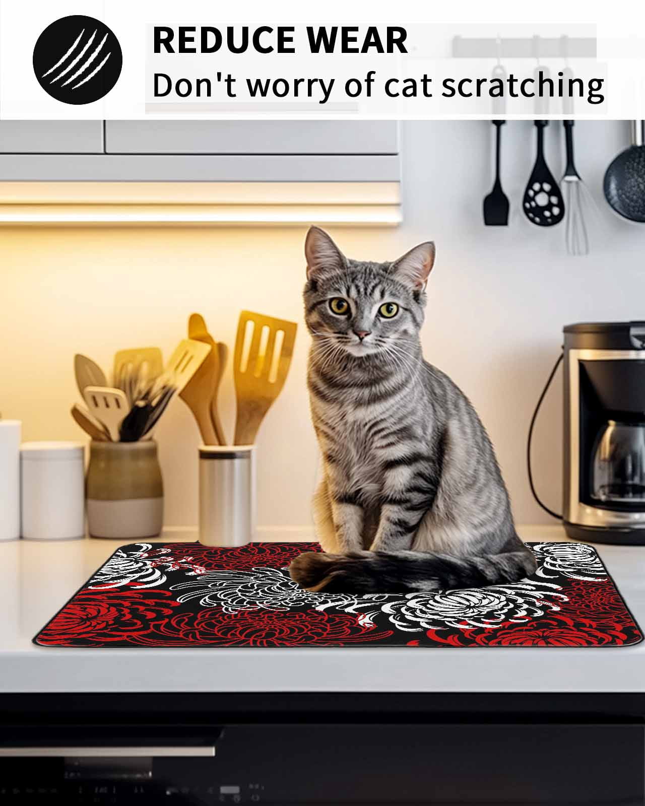Stove Top Covers for Electric Stove, Red White Glass Stovetop Cover Protector, Abstract Black Chrysanthemum Flower Floral Induction Cooktop Protector Oven Mat for Kitchen Countertop 36"x21"