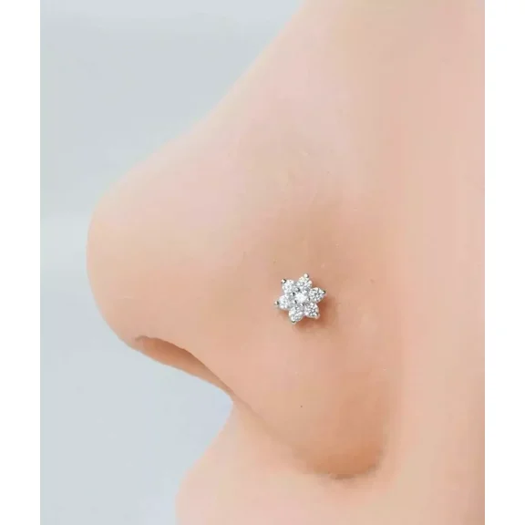 14k White Gold Plated Silver Flower Nose Stud Ring Piercing Pin Moissanite