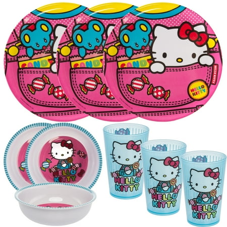 Hello Kitty Glass Smoking Bowl Zak! (9pc) Hello Kitty Kids Mealtime Sets Plastic Plate, Bowl, Cup, Party Supplies Tableware, 3 Sets of 3 ()