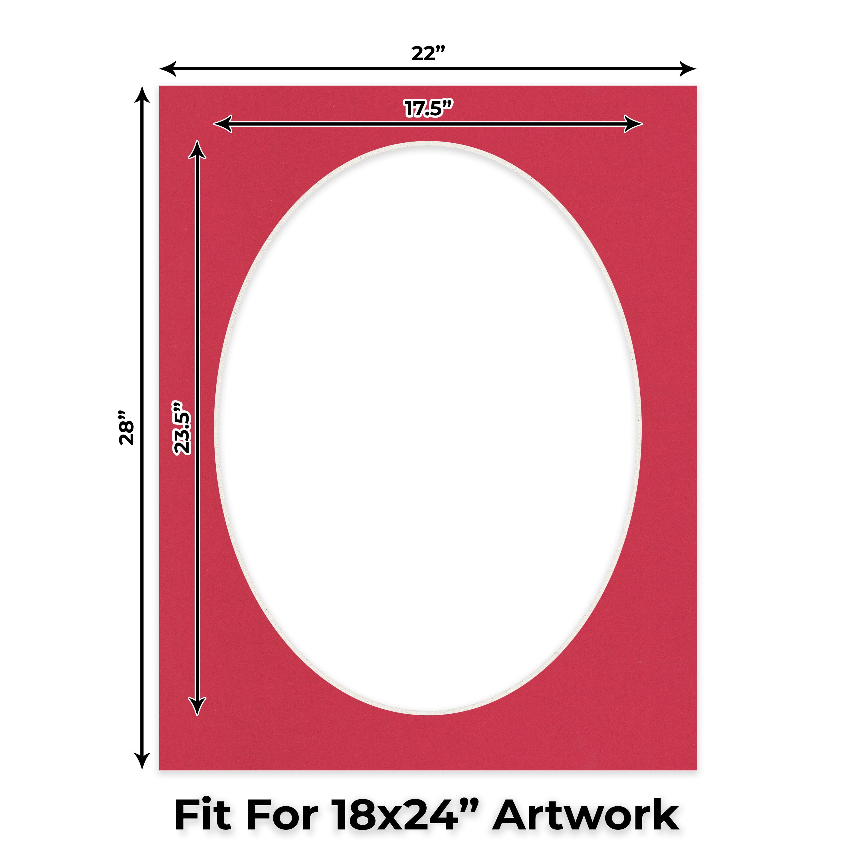 Deep Red Picture Frame Mat for 22x28 Frames - Oval Opening for 18x24 Photos - 25 Mats