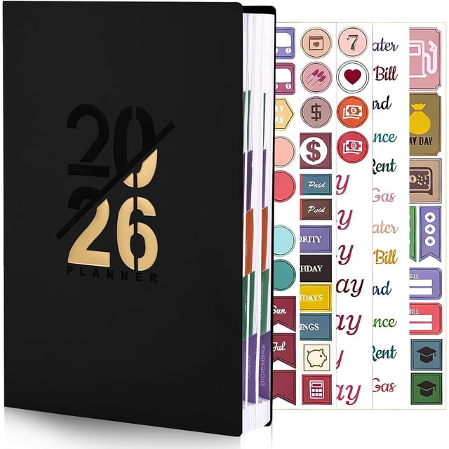 Agenda 2026 Español, A5 Planificr Diario, Organizr Diario de Enero a Diciembre 2026, Planificr Semanal, con 5 Pegatinas de Colores, para Mujer y Hombre, para Oficina, Escuela (Negro)