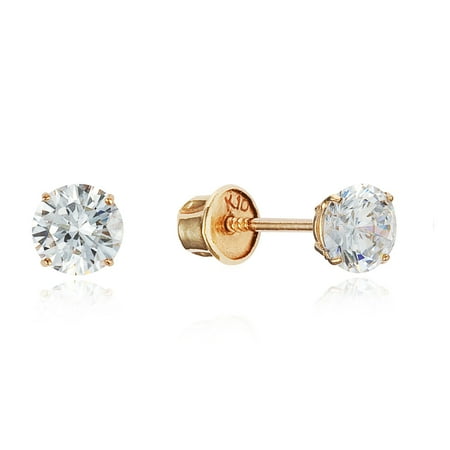 10k Yellow Gold 4mm Basket Round CZ Cubic Zirconia Solitaire Children Screw Back Baby Girls Earrings
