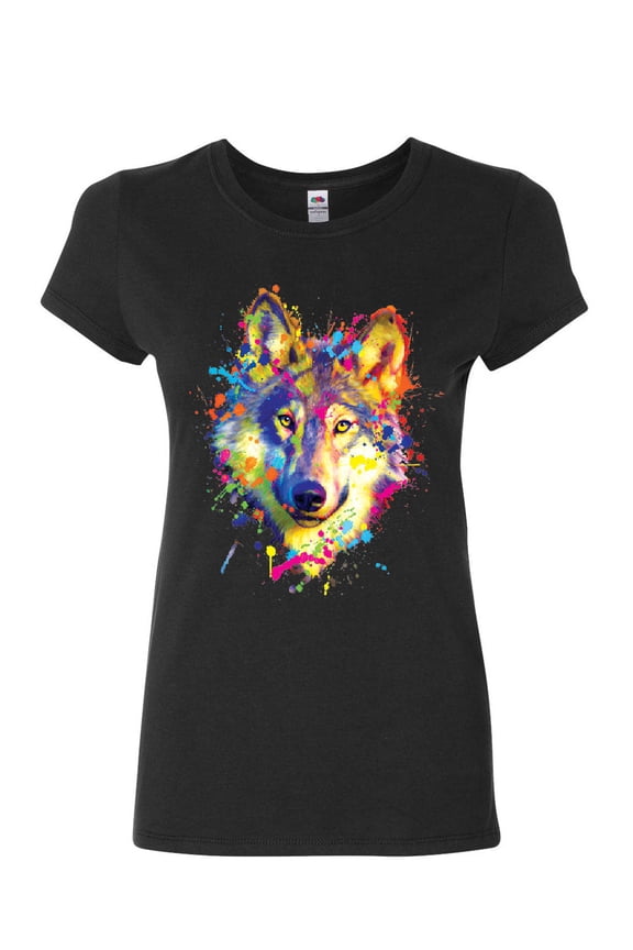 Neon Wolf Head Women's T-Shirt Paint Splatter Lone Wolf Spirit Animal Shirt