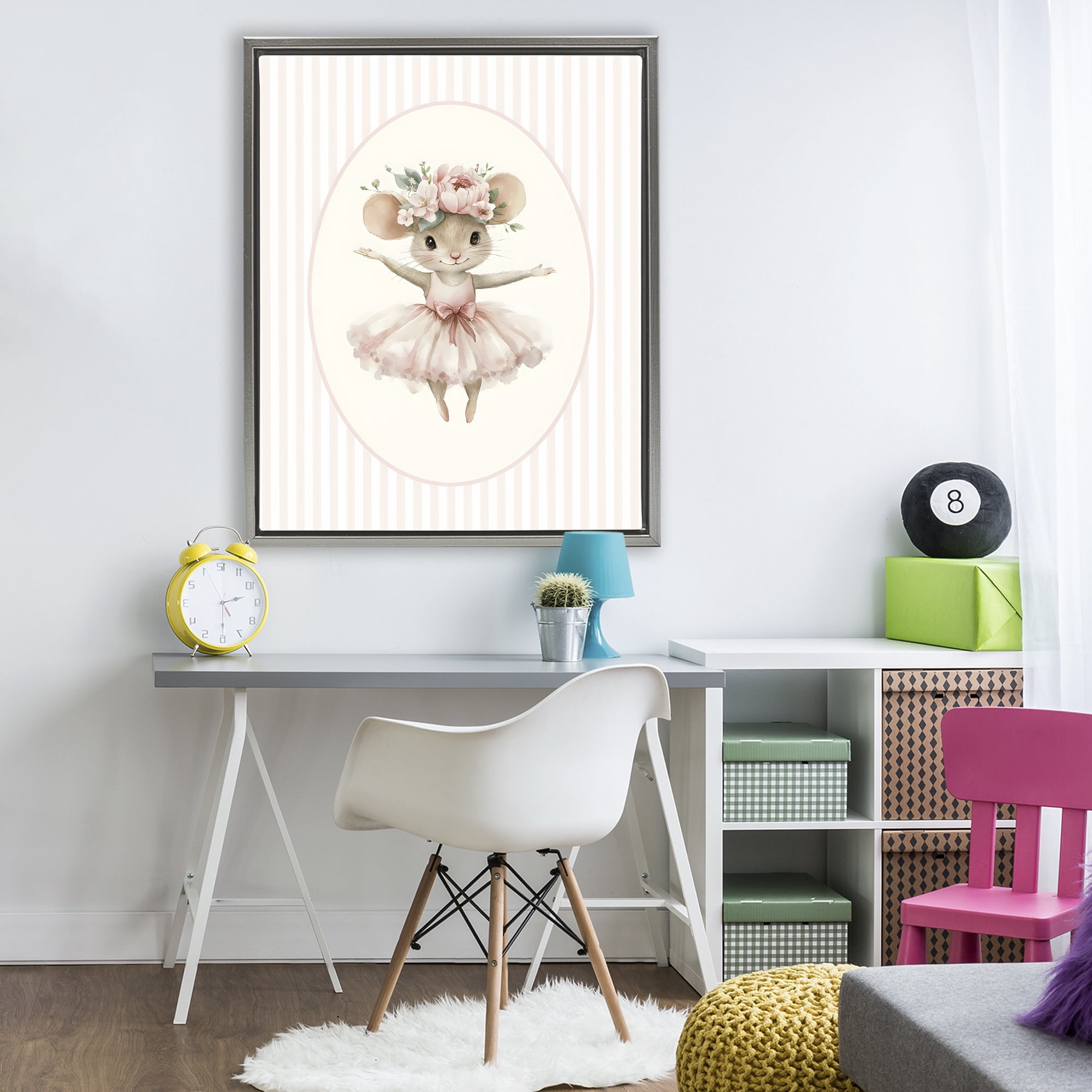 Stupell Industries Nursery Ballerina Mouse Striped Gray Framed Floater Canvas Wall Art, design by LSR Design Studio