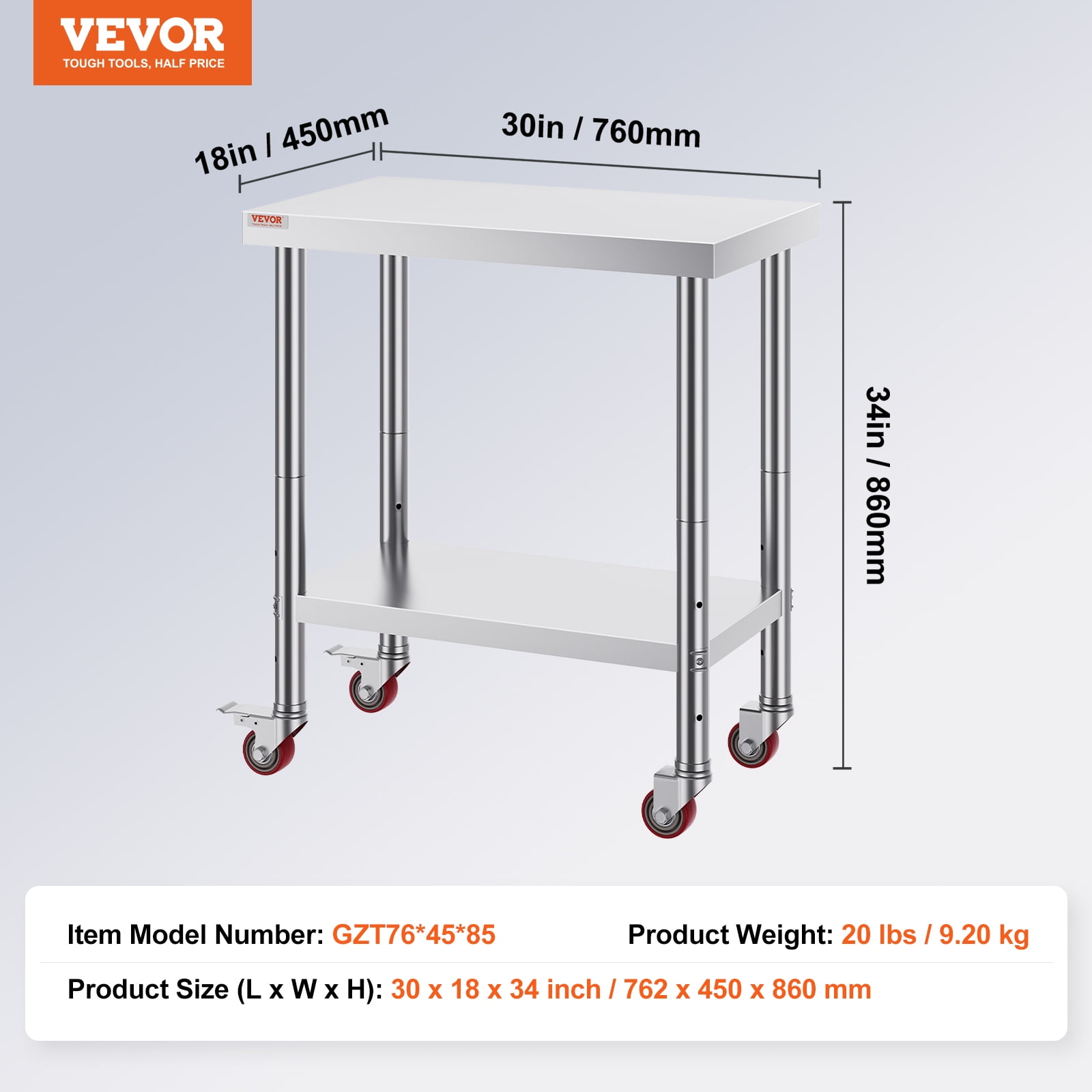 VEVOR Stainless Steel Work Table 30 x 18 x 34 Inch, 700 LBS Load Capacity with 4 Wheels, 3 Adjustable Height Levels, Heavy Duty Food Prep Worktable for Commercial Kitchen Restaurant, Silver