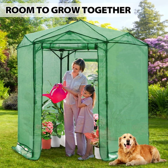 EAGLE PEAK 6.6x6.6 ft Hexagon Pop up Greenhouse, Portable Walk-in Grow Tent, All-Weather Plant Shelter, Green