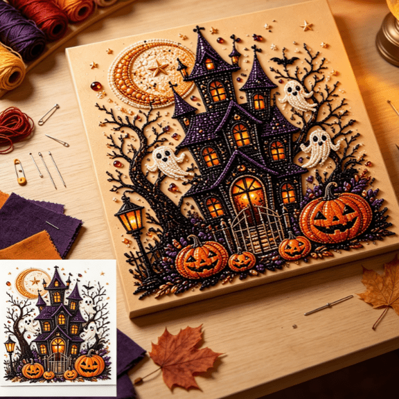 Poo Life Halloween Haunted House Pearl Painting Kit DIY Ghost Pumpkin Gem Art Craft Set Fall Handmade Wall Decor for Adults Beginners