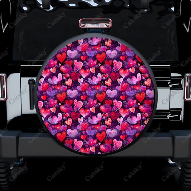 Motif Mignon Dessin à la Main Cœurs Polyester Housse de Roue de Rechange Universelle pour Remorque RV SUV Camion Campeur