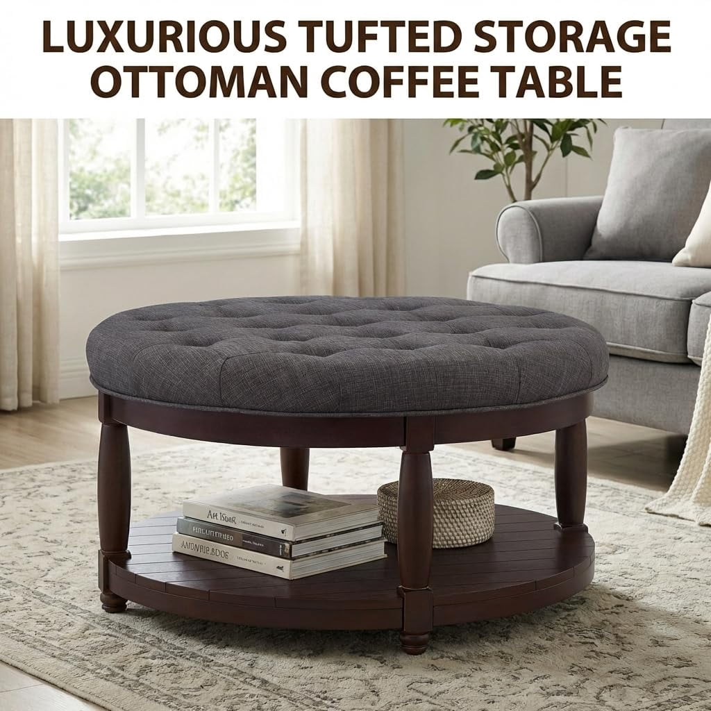ODUWA Coffee Table Ottoman with Storage Shelf, Tufted Upholstered Footrest Stool, Solid Wood Base Accent Table for Living Room