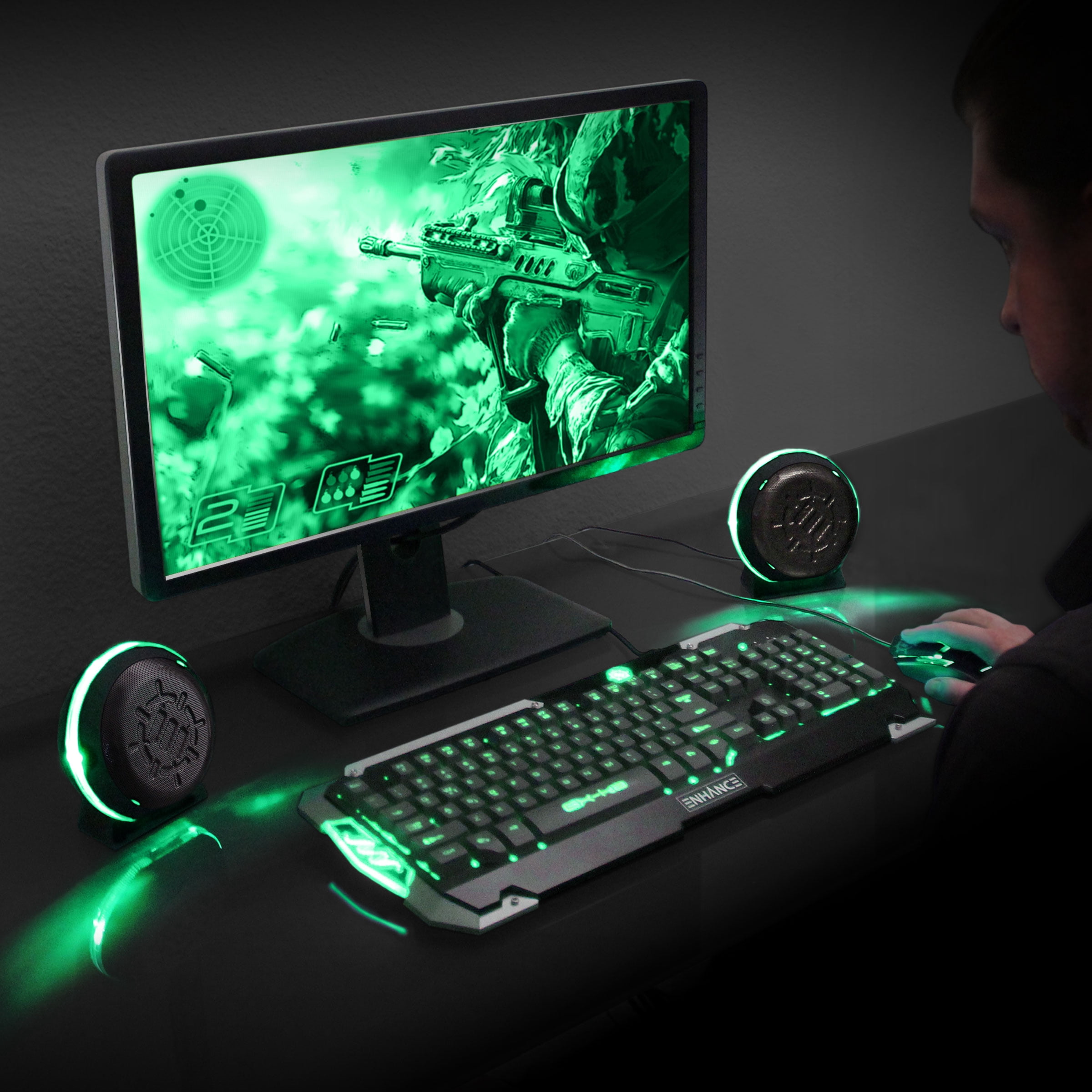 ENHANCE Gaming LED Computer Speakers with Subwoofer , Powerful 5W Drivers and In-Line Volume Control - Green Lights , USB 2.0 Powered , 3.5mm Connection for PC , Desktop , Laptop , Notebook