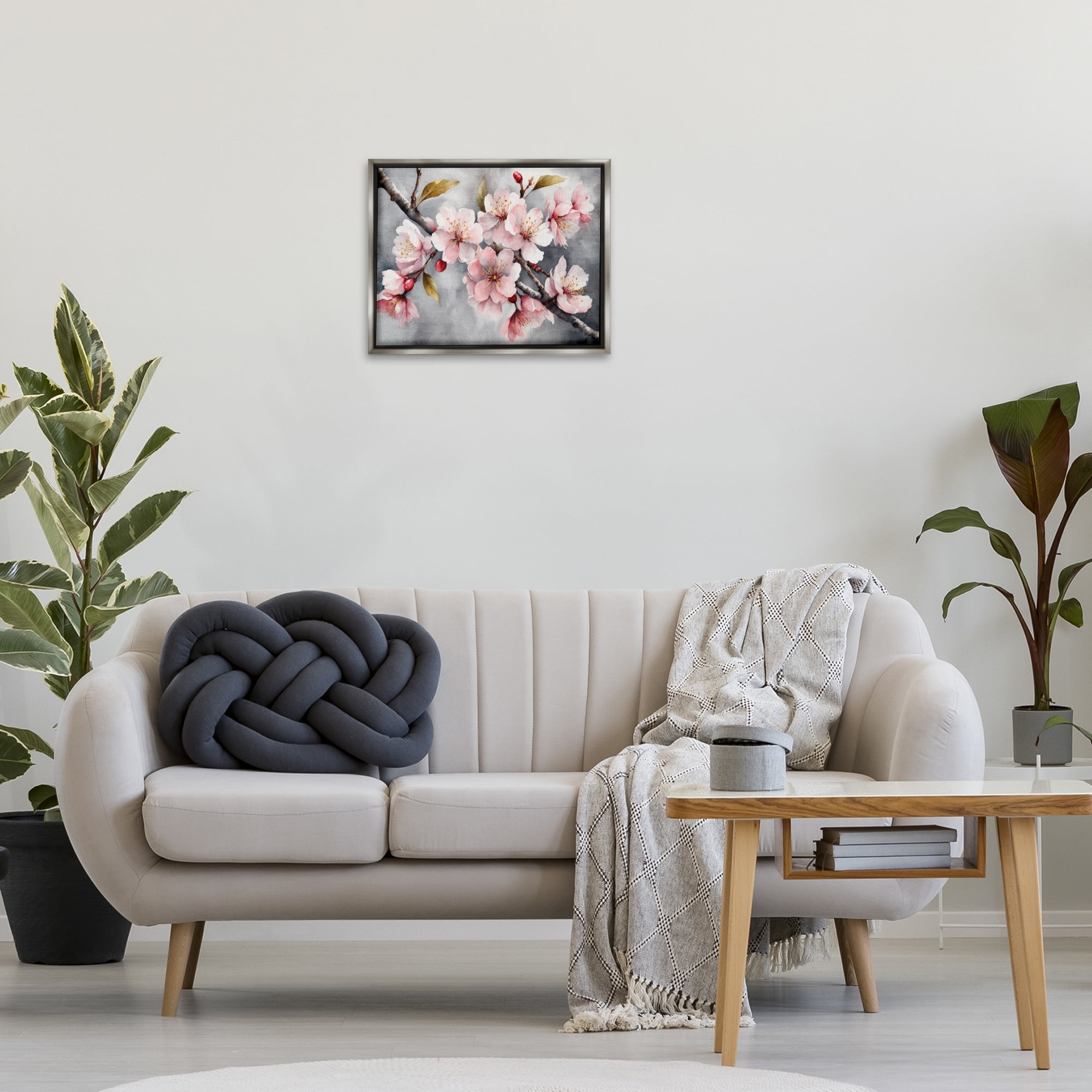 Stupell Industries Blossoms On Grey Botanical & Floral Painting Gray Floater Framed Art Print Wall Art, 21 x 17