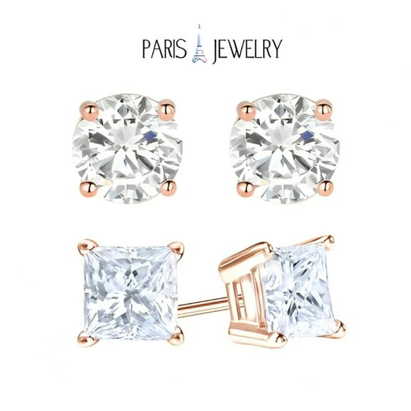 Paris Jewelry 18k Rose Gold 2 Pair Created White Sapphire 6mm Round & Princess Cut Stud Earrings Plated