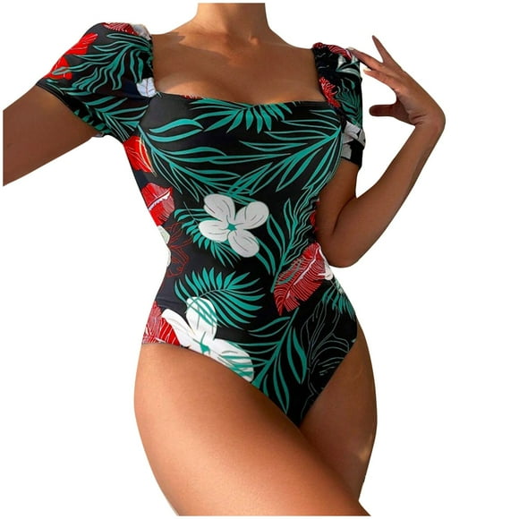 Pisexur One Piece Swimsuits for Women Hawaii Print Cutout Back Tummy Control Bathing Suit Modest Full Coverage Swimwear