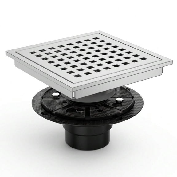 Square Shower Floor Drain - SUS 304 Stainless Steel with PVC Base, Removable Quadrato Pattern Grate