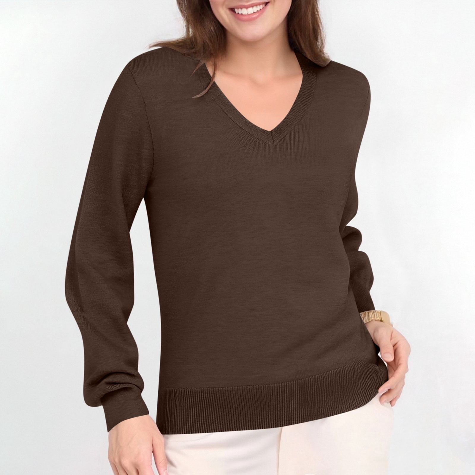 Hvot&aat Womens Solid Color Knitting Sweater Long Sleeve V Neck Classic Pullover Soft Lightweight Tops