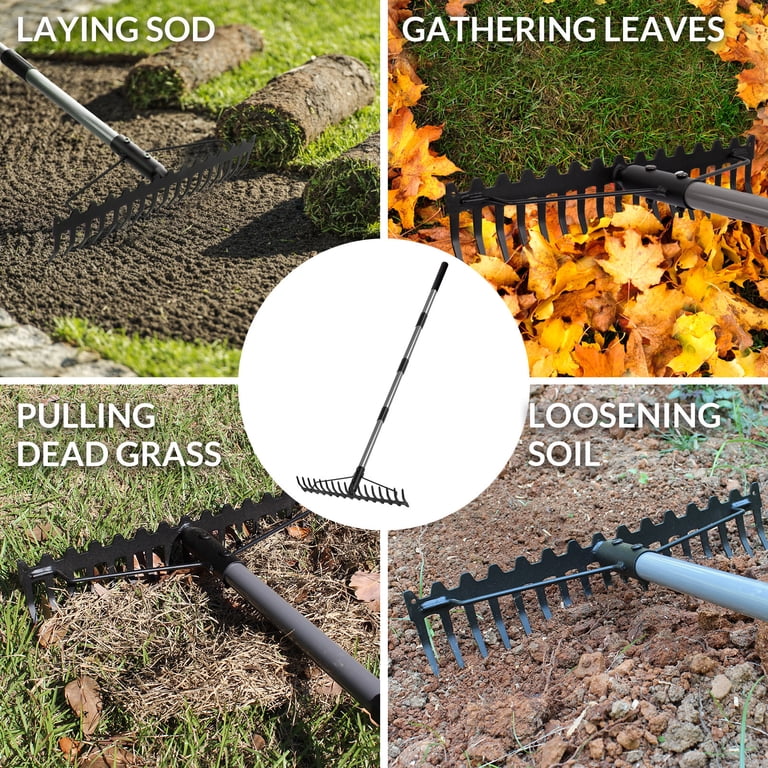 Turf Soil Rake Lawn And Soil Rake 71IN Adjustable Garden Rake - 18IN Steel Head With 4 ...