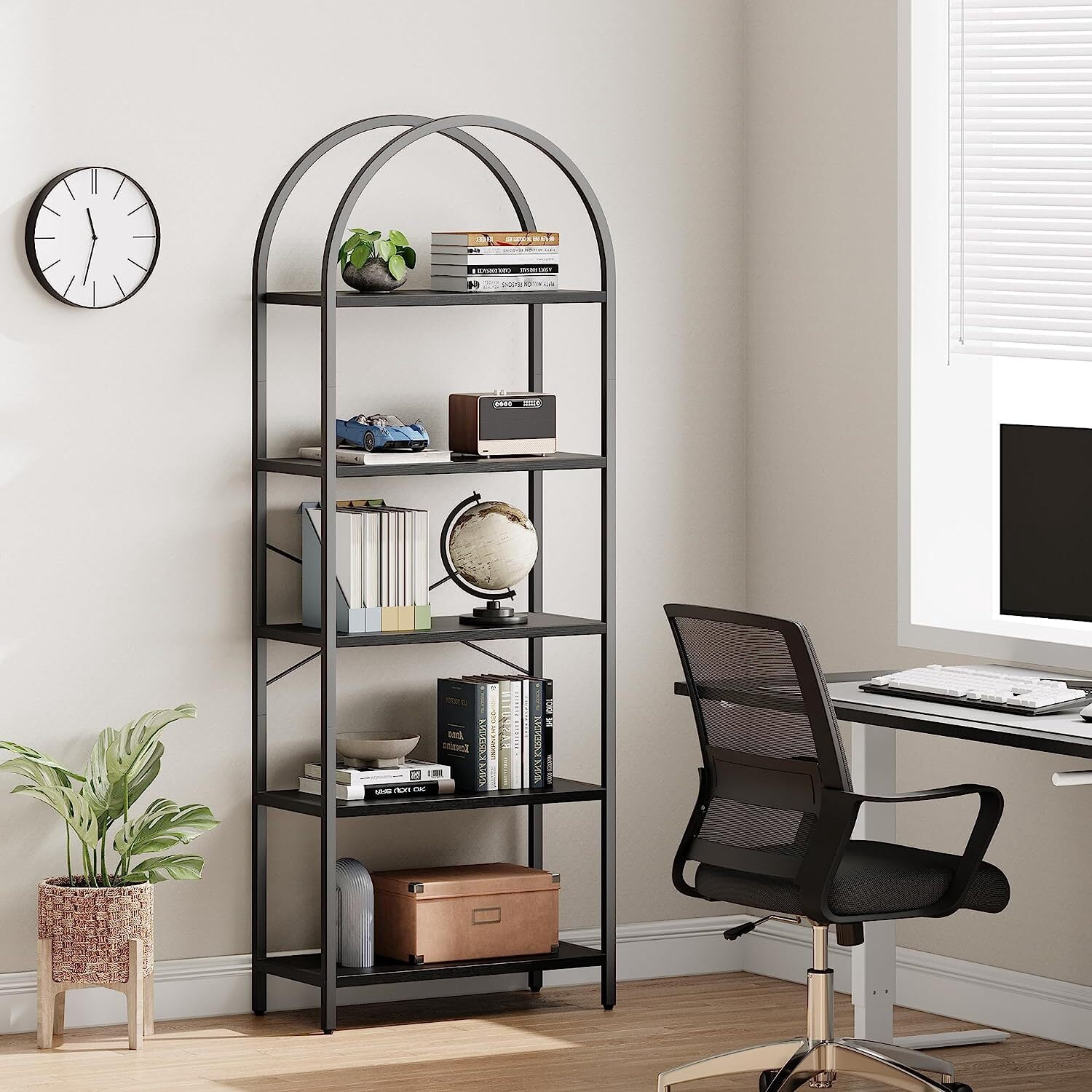 Yesfashion Bookshelf 5 Tier Bookcase Arched Display Racks Tall Standing Bookshelves Mental Frame Open Storage Rack Shelf Large Black Book Shelf for Bedroom, Living Room, Home Office,Black