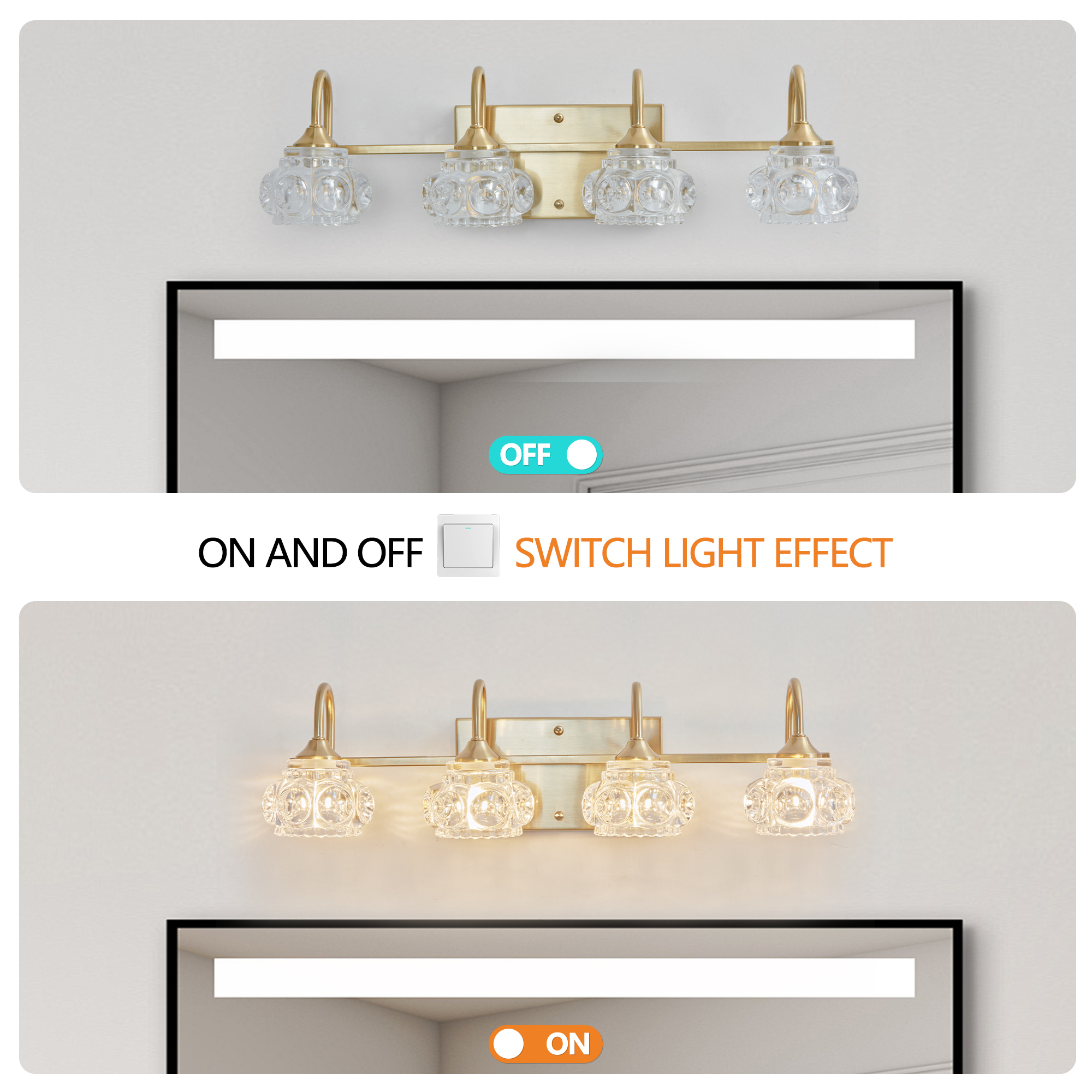 Leumius Retro 4-Light Bathroom Vanity Light Fixture - Golden Finish with Crystal Glass Shades, Wall Mounted Lighting for Bathroom, Powder Room, and Vanity Mirror (No Bulbs)