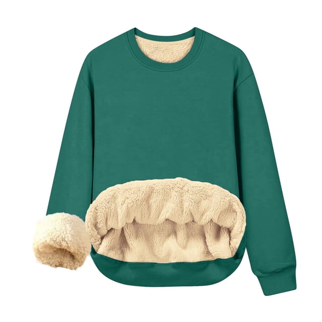 Qucoqpe - Camiseta de manga larga con cuello redondo para mujer, sudadera cálida de invierno con forro polar, blusa informal de color liso, blusa verde 4XL