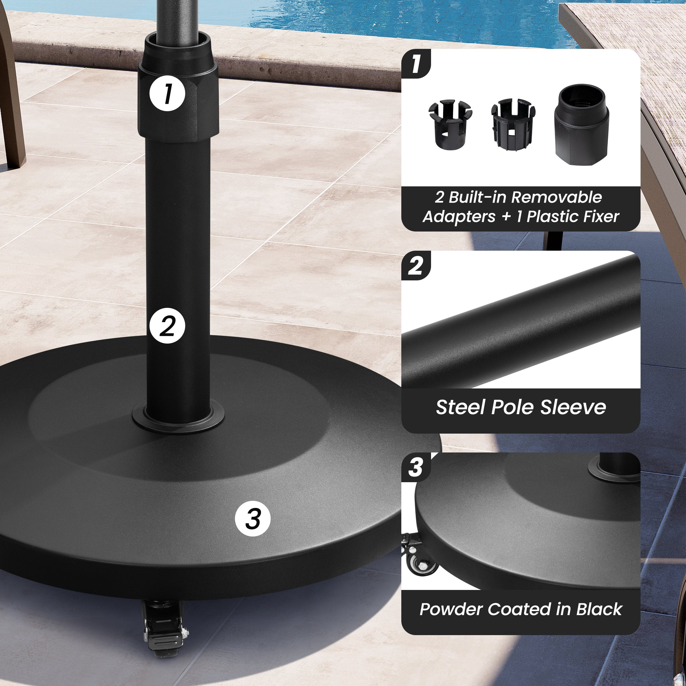 Crestlive Products 55 lbs Round Heavy Duty Concrete Patio Umbrella Base with 4 Wheels, Black