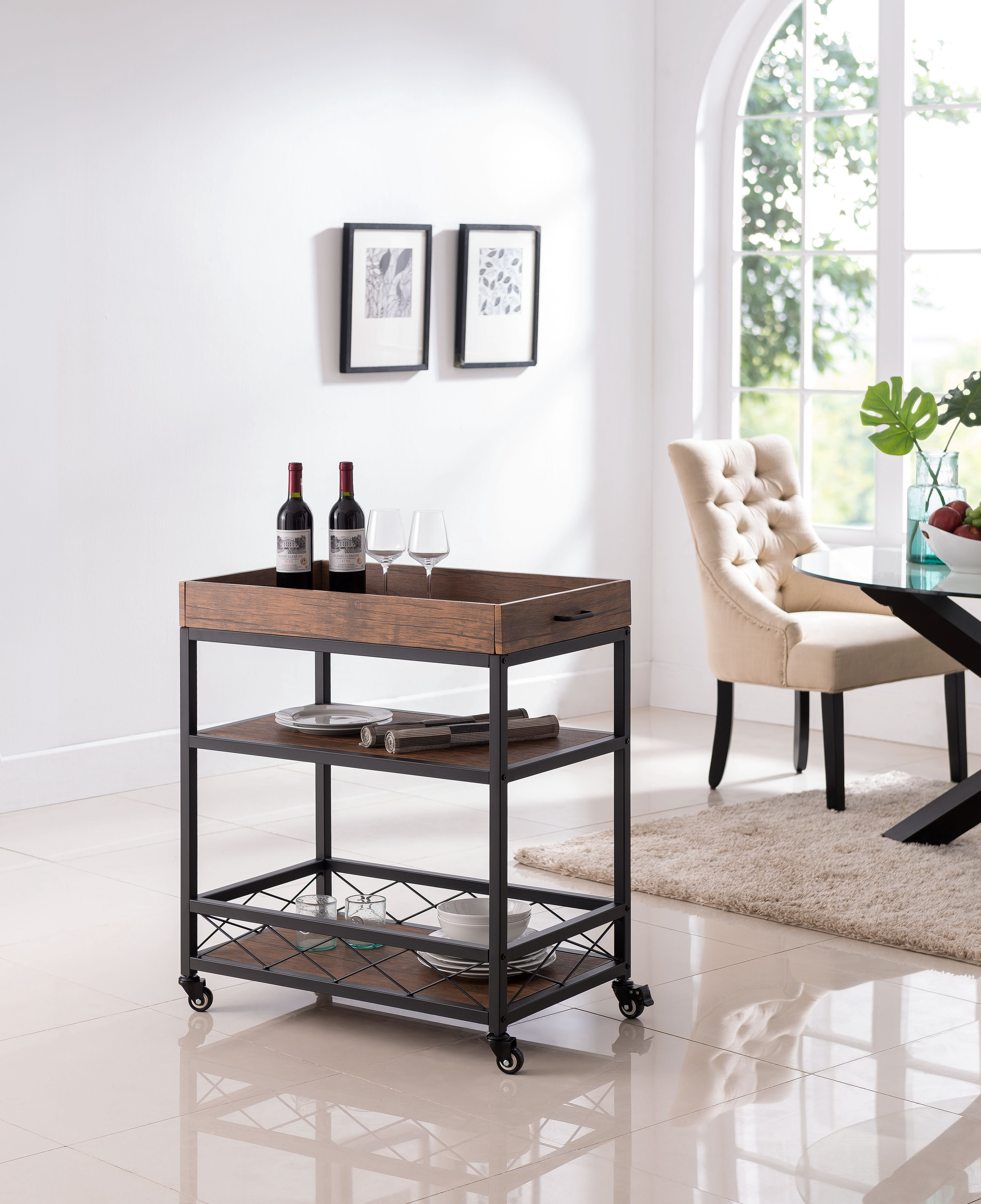 folding serving cart on wheels on Hemingway Kitchen Serving Cart Black Metal Frame Walnut Wood With Storage Shelves Wheels Industrial Style Walmart Com Walmart Com