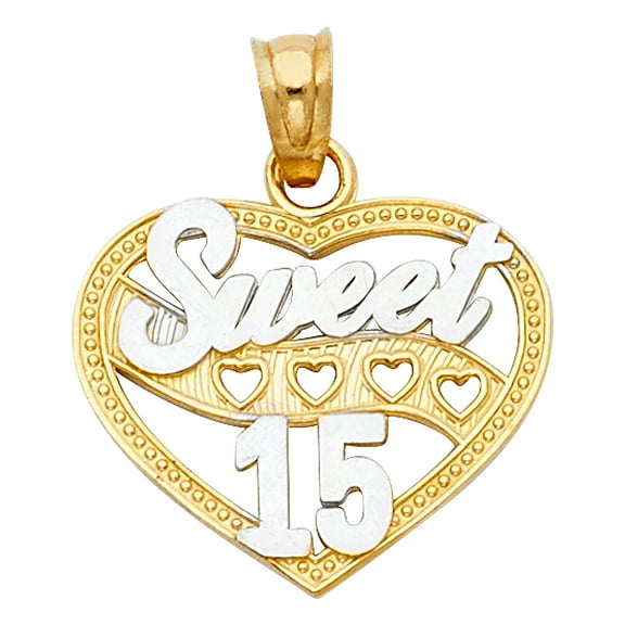 14k Two-Color Gold Heart Sweet 15 Quinceanera Gift Pendant Niece Charm Jewelry Female Unisex
