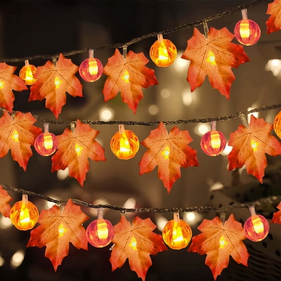 Valora Bella 3 Pack Fall Garland with Pumpkin Lights - Total 30 FT 60 LED Maple Leaf String Lights with Timer - Battery Operated Autumn Decorations for Thanksgiving Halloween Mantel Porch Home
