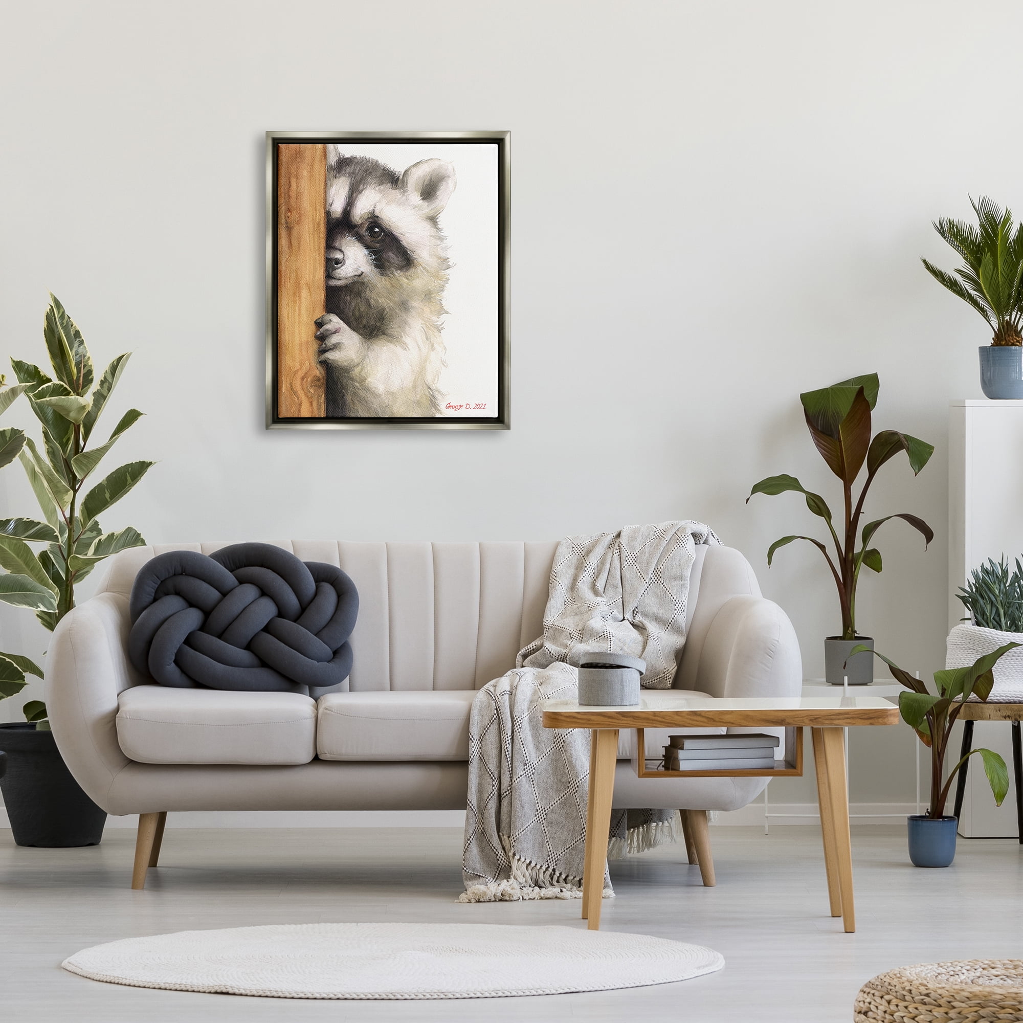 Stupell Industries Peering Raccoon Cute Smile Watercolor Animal Painting Painting Luster Gray Floating Framed Canvas Print Wall Art, Design by George Dyachenko