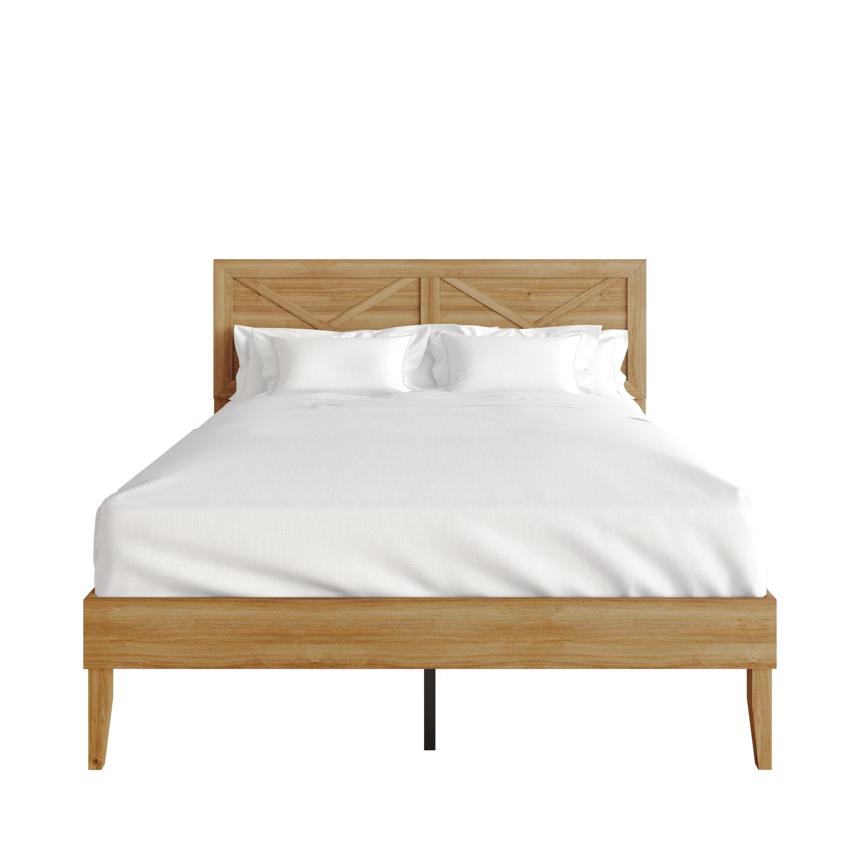 Home Design Oxnard Twin Solid Wood Platform Bed Frame with X-Pattern Headboard and Full Slat Support System, Light Oak