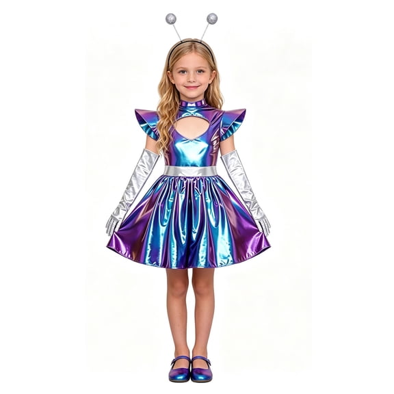 CONZONE Halloween Robot Outfit For Girls Hallowmas Dress With Glovers Dress Up Clothes For Kids Funny Festival Stage Party Outfits Size 5-6 Years Purple
